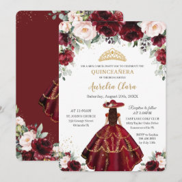Chic Quinceañera Burgundy Blush Floral Charro Gold Kaart