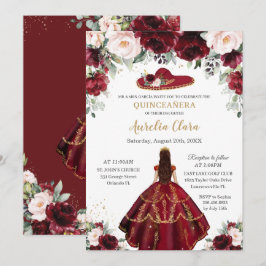 Chic Quinceañera Burgundy Blush Floral Charro Pet Kaart