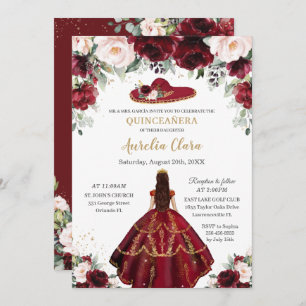 Chic Quinceañera Burgundy Blush Floral Charro Pet Kaart