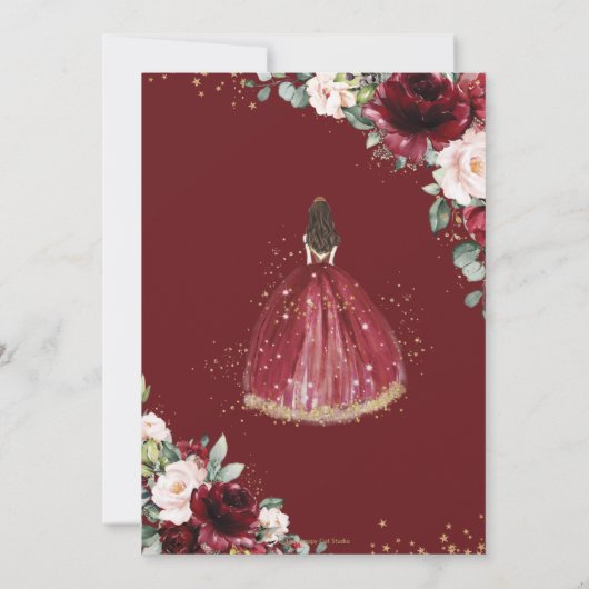 Chic Quinceañera Burgundy Blush Floral Princess Kaart (Achterkant)
