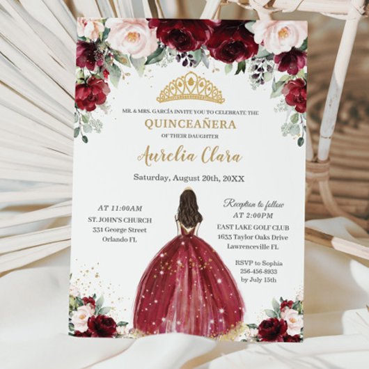 Chic Quinceañera Burgundy Blush Floral Princess Kaart