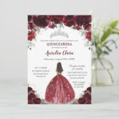 Chic Quinceañera Burgundy Floral Princess Silver Kaart (Staand voorkant)