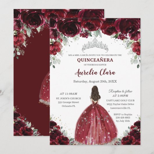 Chic Quinceañera Burgundy Floral Princess Silver Kaart (Voorkant / Achterkant)