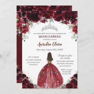Chic Quinceañera Burgundy Floral Princess Silver Kaart