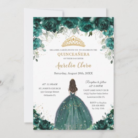 Chic Quinceañera Emerald Green Floral Princess Kaart (Voorkant)