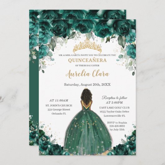 Chic Quinceañera Emerald Green Floral Princess Kaart (Voorkant / Achterkant)