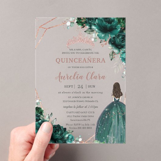 Chic Quinceañera Emerald Green Floral Roos Gold Acryl Uitnodigingen (Insitu (Draagbaar))