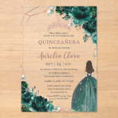 Chic Quinceañera Emerald Green Floral Roos Gold Acryl Uitnodigingen (Voorkant)