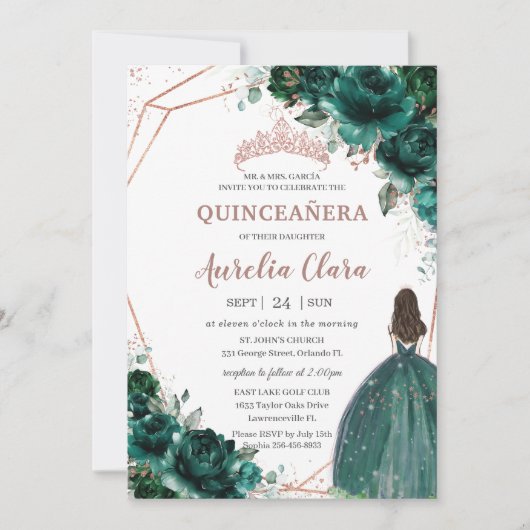 Chic Quinceañera Emerald Green Floral Roos Gold Kaart (Voorkant)