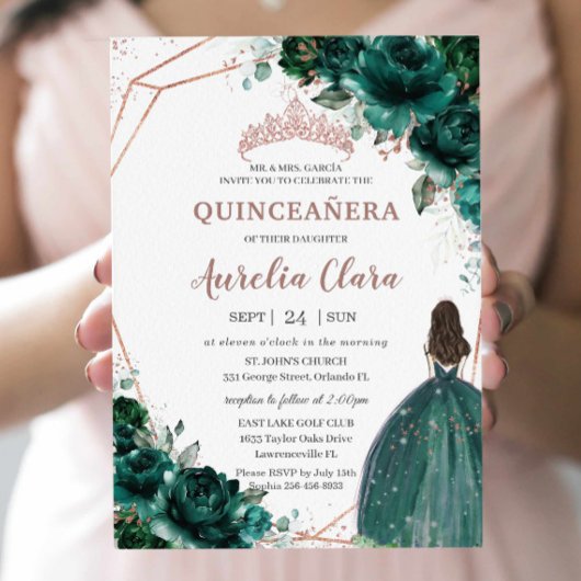 Chic Quinceañera Emerald Green Floral Roos Gold Kaart