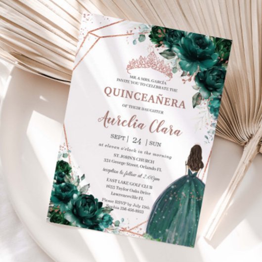 Chic Quinceañera Emerald Green Floral Roos Gold Kaart