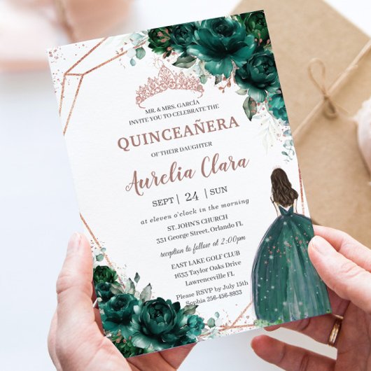 Chic Quinceañera Emerald Green Floral Roos Gold Kaart