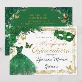 Chic Quinceañera Masquerade Emerald Green Floral I Kaart
