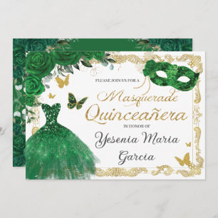Chic Quinceañera Masquerade Emerald Green Floral I Kaart
