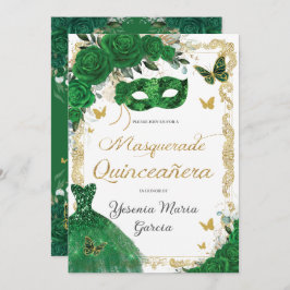 Chic Quinceañera Masquerade Emerald Green Floral Kaart
