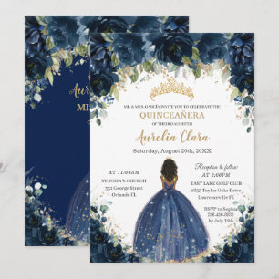 Chic Quinceañera Navy Blauw Bloemen Bruin Prinses Kaart