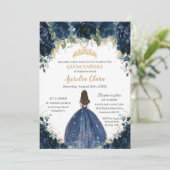 Chic Quinceañera Navy Blue Floral Princess Crown Kaart (Staand voorkant)