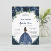 Chic Quinceañera Navy Blue Floral Princess Silver Kaart (Staand voorkant)