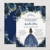 Chic Quinceañera Navy Blue Floral Princess Silver Kaart (Voorkant / Achterkant)