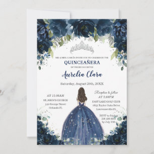 Chic Quinceañera Navy Blue Floral Princess Silver Kaart