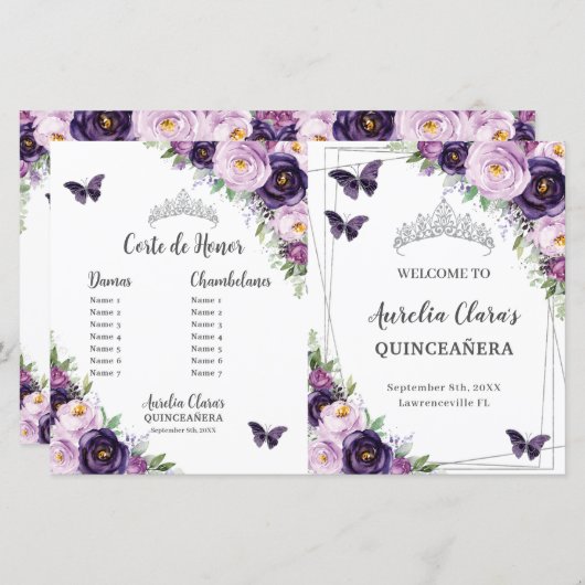 Chic Quinceañera Paars Floral Butterflies Programm (Voorkant / Achterkant)