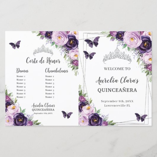 Chic Quinceañera Paars Floral Butterflies Programm (Voorkant)