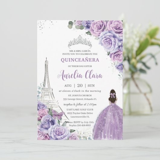 Chic Quinceañera Paars Floral Paris Eiffel Silver Kaart (Staand voorkant)