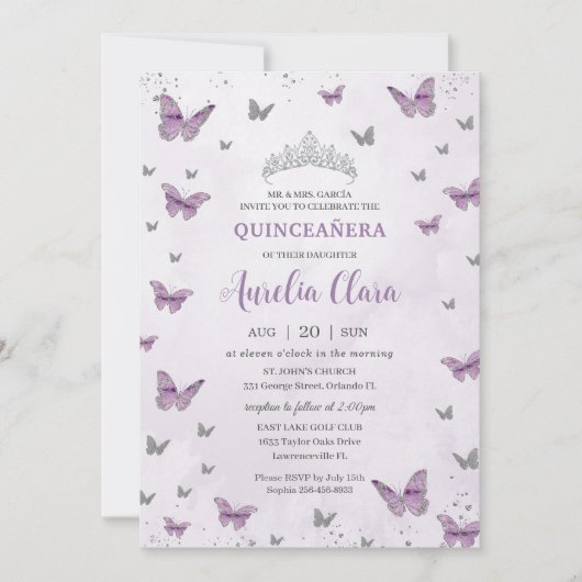 Chic Quinceañera Paarse Lila Butterflies Silver Kaart (Voorkant)