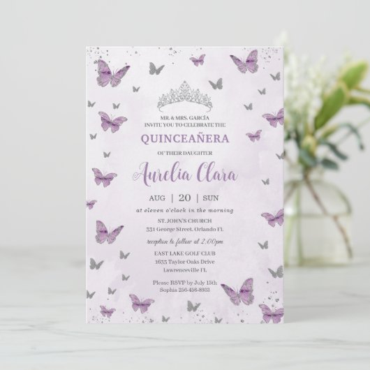 Chic Quinceañera Paarse Lila Butterflies Silver Kaart (Staand voorkant)
