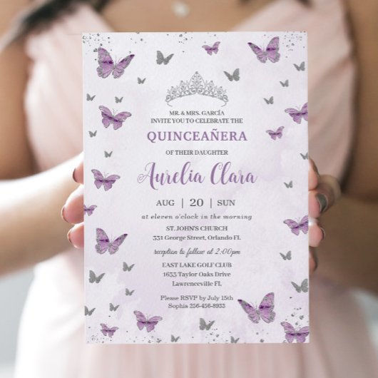 Chic Quinceañera Paarse Lila Butterflies Silver Kaart