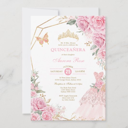 Chic Quinceañera Pink Gold Rozen Crown Princess Kaart (Voorkant)