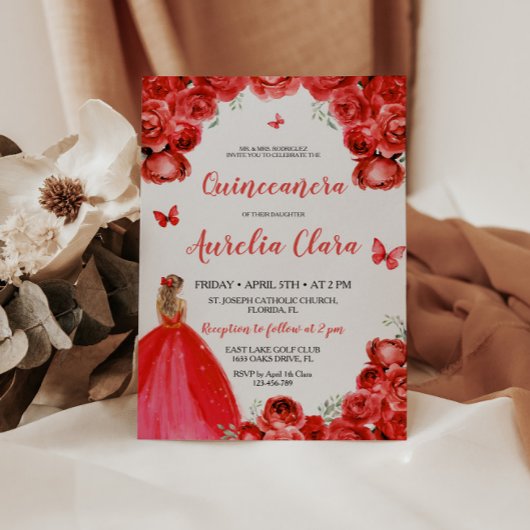 Chic Quinceañera Red Floral Rozen Princess Tiara Kaart