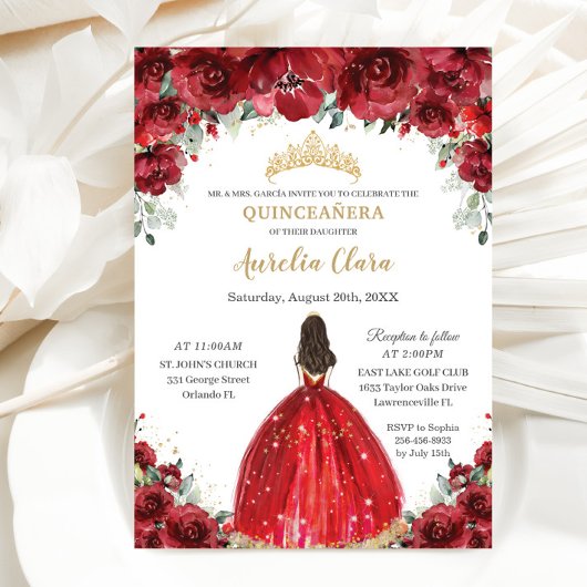 Chic Quinceañera Red Floral Rozen Princess Tiara Kaart