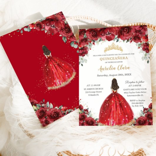 Chic Quinceañera Red Floral Rozen Princess Tiara Kaart