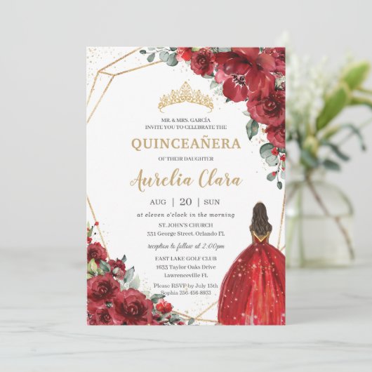 Chic Quinceañera Red Flowers Floral Brown Princess Kaart (Staand voorkant)