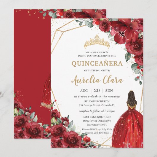 Chic Quinceañera Red Flowers Floral Brown Princess Kaart (Voorkant / Achterkant)
