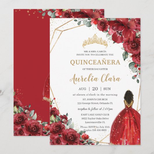 Chic Quinceañera Red Flowers Floral Brown Princess Kaart (Voorkant / Achterkant)