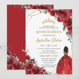 Chic Quinceañera Red Flowers Floral Brown Princess Kaart