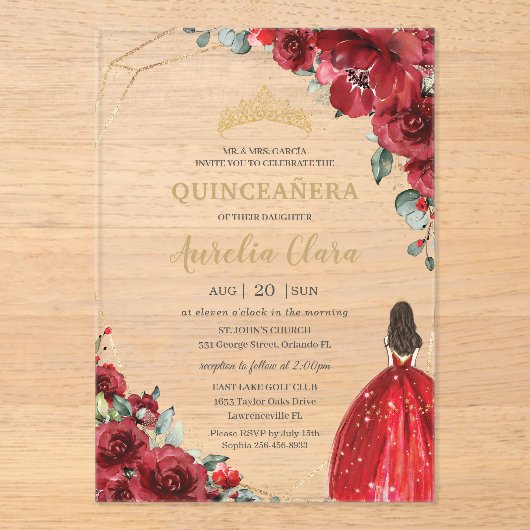 Chic Quinceañera Red Roses Flowers Floral Princess Acryl Uitnodigingen (Voorkant)