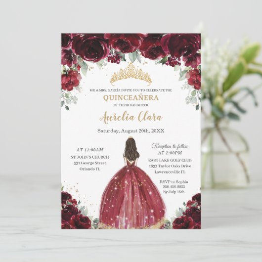 Chic Quinceañera Rich Burgundy Red Floral Princess Kaart (Staand voorkant)