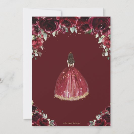 Chic Quinceañera Rich Burgundy Red Floral Princess Kaart (Achterkant)