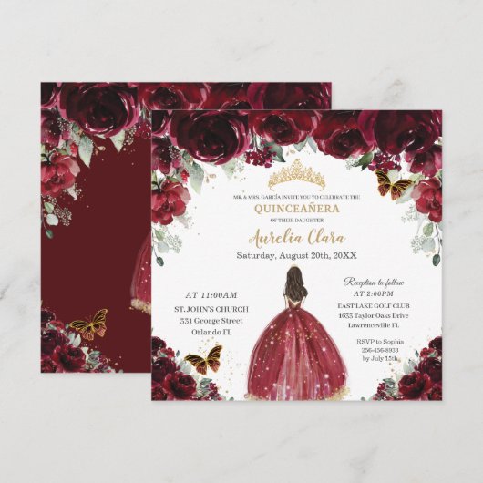Chic Quinceañera Rich Burgundy Red Floral Princess Kaart (Voorkant / Achterkant)