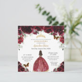 Chic Quinceañera Rich Burgundy Red Floral Princess Kaart (Staand voorkant)