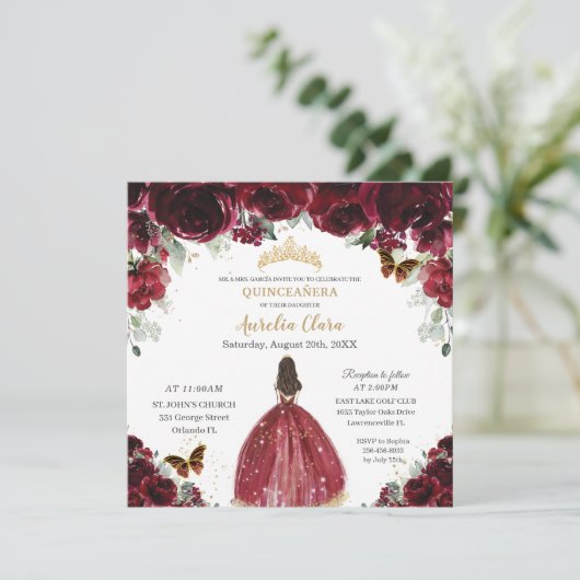 Chic Quinceañera Rich Burgundy Red Floral Princess Kaart (Staand voorkant)