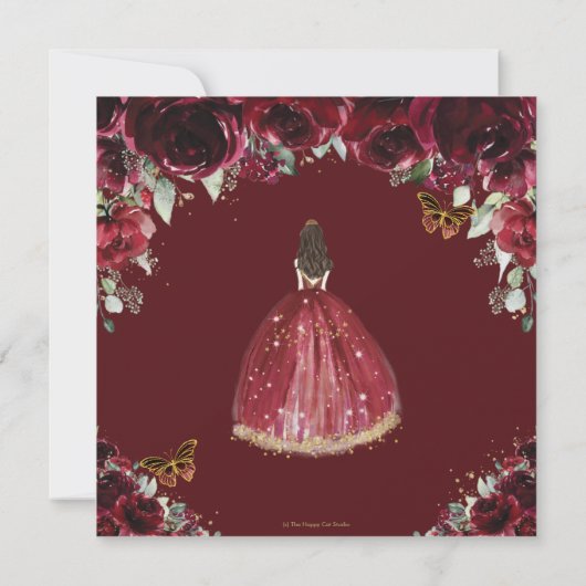 Chic Quinceañera Rich Burgundy Red Floral Princess Kaart (Achterkant)