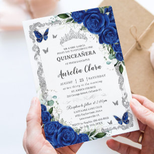 Chic Quinceañera Royal Blue Bloemen  Zilver Kaart