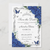 Chic Quinceañera Royal Blue Bloemen  Zilver Save The Date (Voorkant)