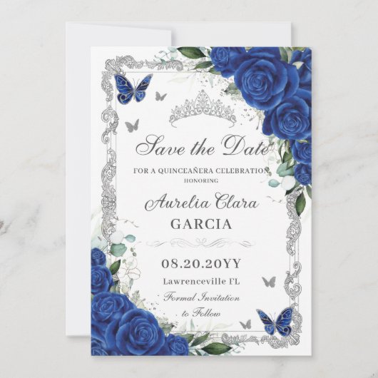 Chic Quinceañera Royal Blue Bloemen  Zilver Save The Date (Voorkant)