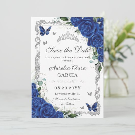 Chic Quinceañera Royal Blue Bloemen  Zilver Save The Date (Staand voorkant)