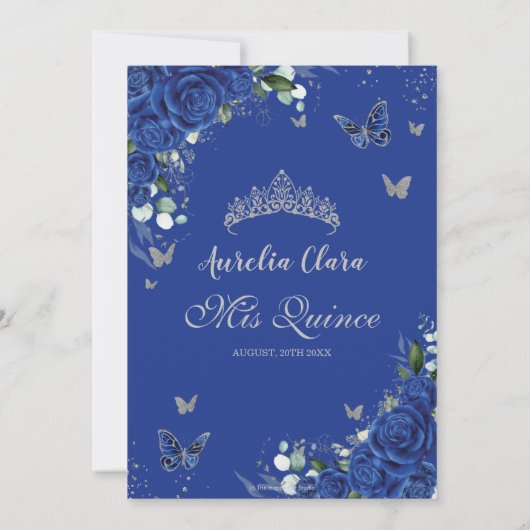 Chic Quinceañera Royal Blue Bloemen  Zilver Save The Date (Achterkant)